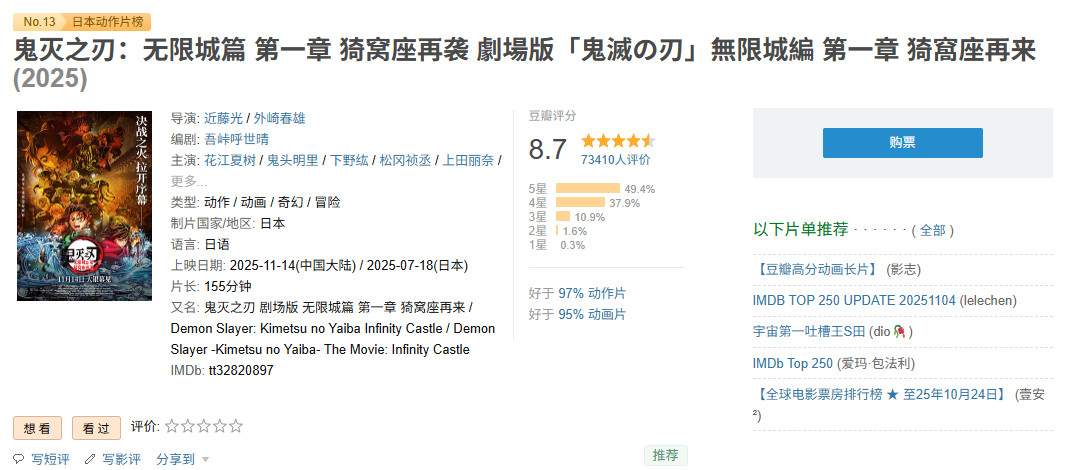 《鬼灭之刃：无限城篇 第一章》国内票房突破3亿元